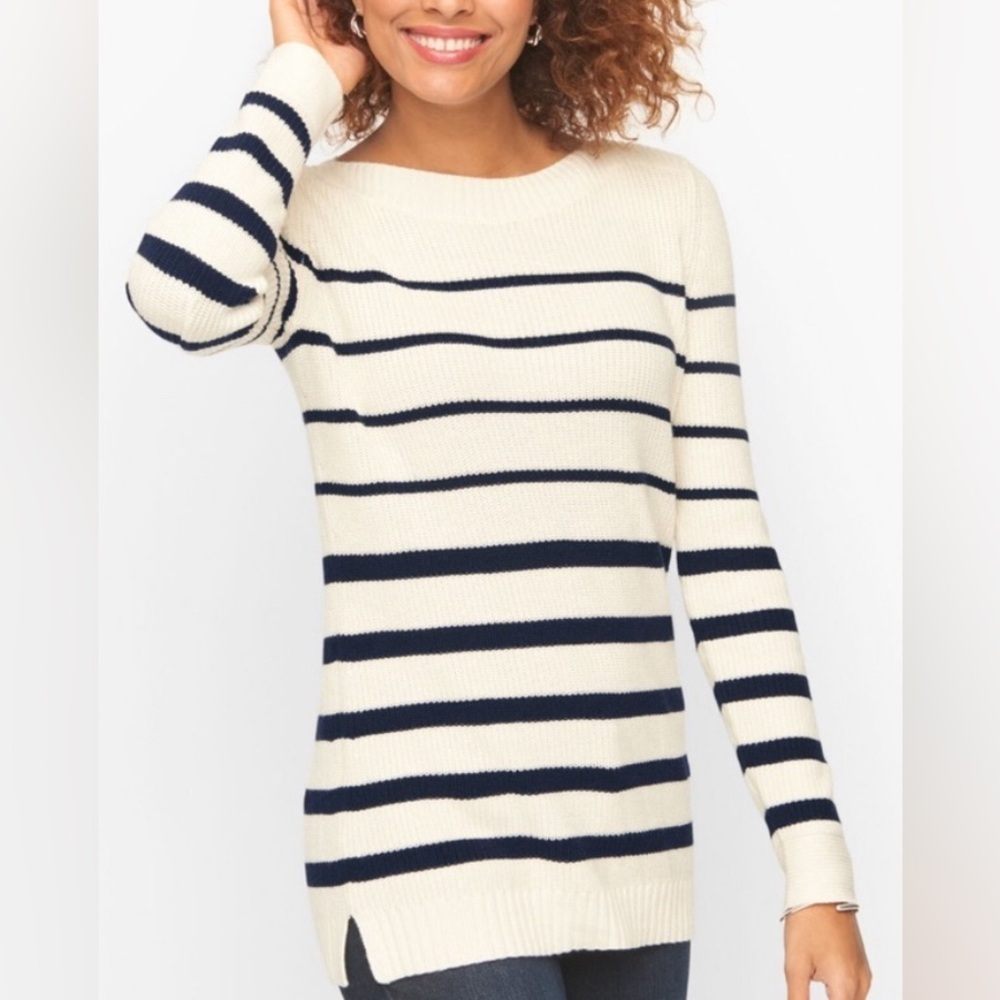 Talbots Striped Boat Neck Ribbed Cotton Knit Sweater